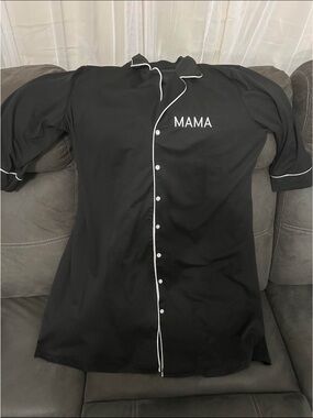 Black Button-Up Gown with "MAMA" White Embroidery